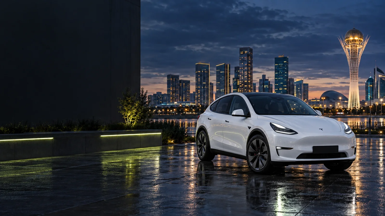 Белая Tesla Model Y на фоне вечерней Астаны — иллюстрация